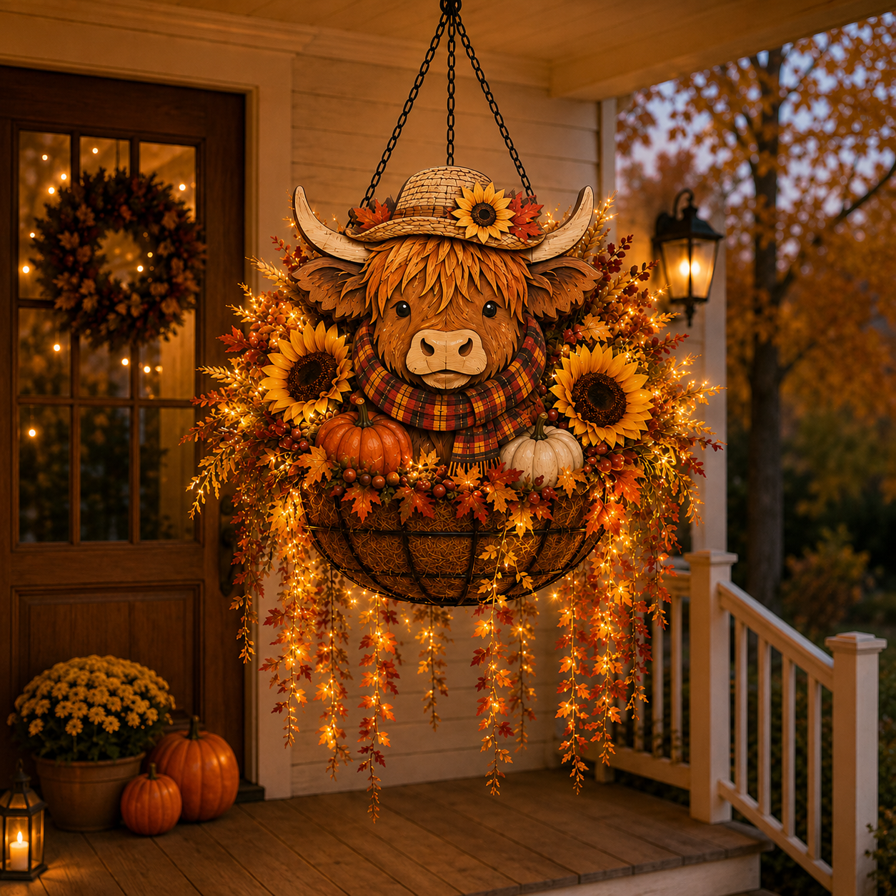 🐮🎃 Highland Cow Fall Hanging Basket with Warm LED Lights – Rustic Autumn Porch Decor & Farmhouse Welcome Accent