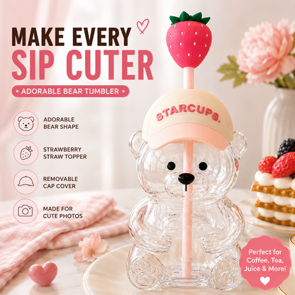 🔥 LAST DAY 55% OFF🐻Cute Teddy Bear Glass Tumbler with Bear Lid & Strawberry Straw – 20oz Reusable Cup