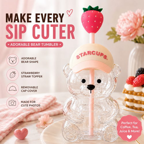 🔥 LAST DAY 55% OFF🐻Cute Teddy Bear Glass Tumbler with Bear Lid & Strawberry Straw – 20oz Reusable Cup