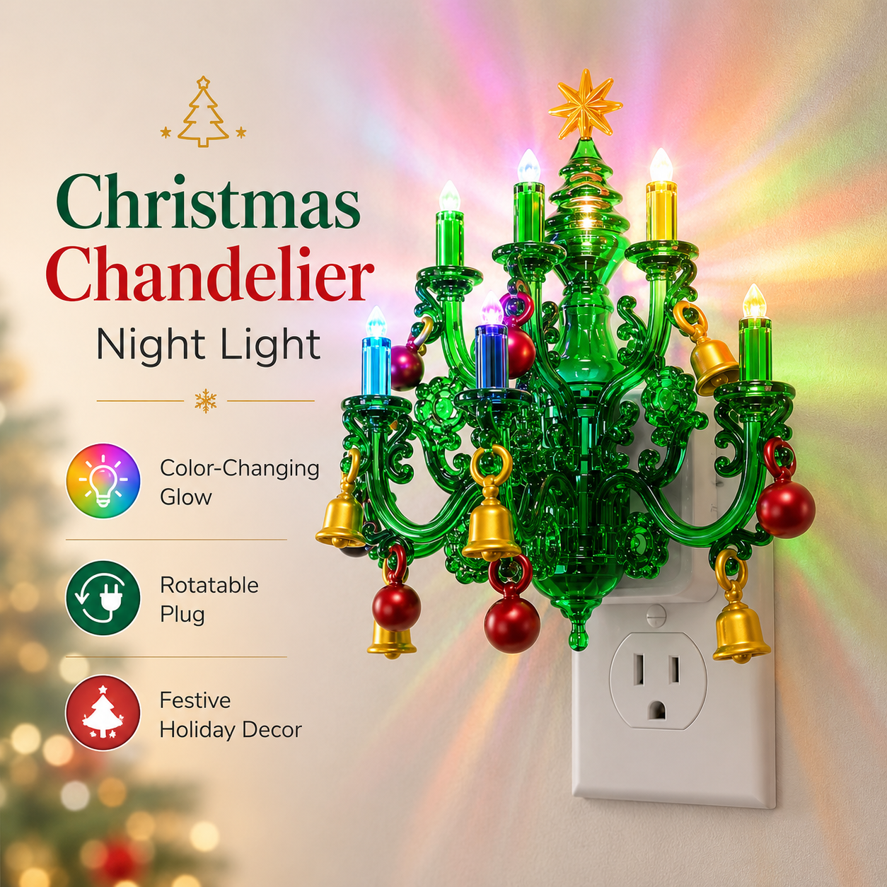 Magical Christmas Chandelier Night Light – Color-Changing Plug-In Holiday Glow