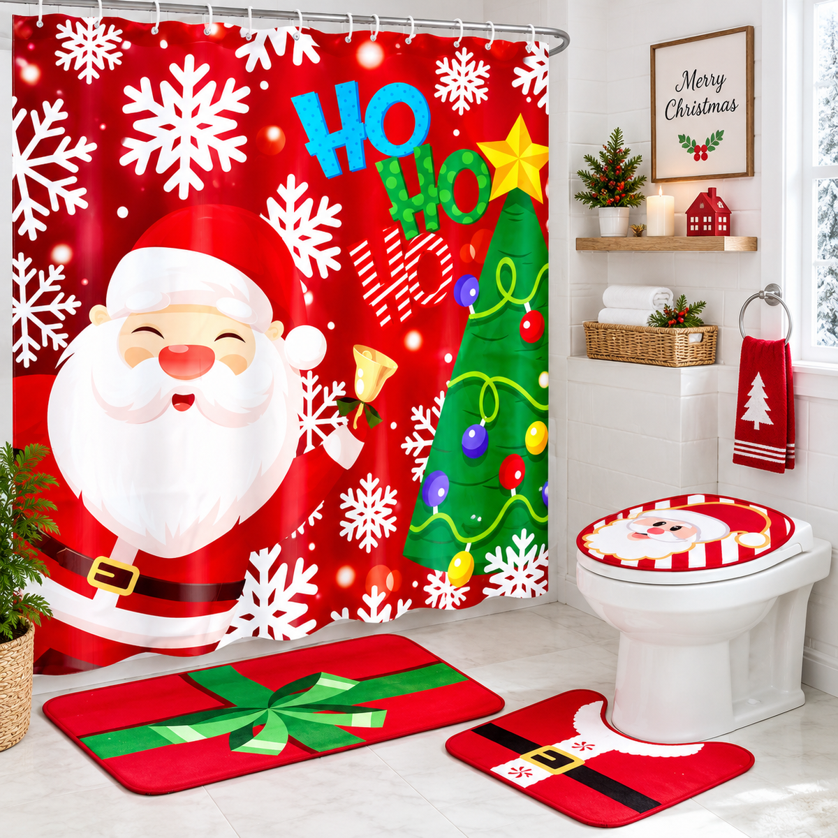 🎄🛁 Christmas Bathroom Makeover Set – 4 Matching Pieces for Instant Holiday Cheer