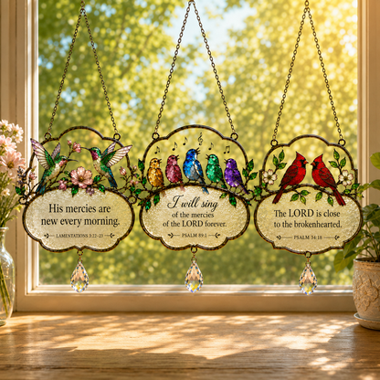 Christian Scripture Bird Suncatcher with Crystal Prism – Hummingbird, Cardinal & Songbird Window Hanging