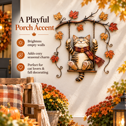 🍂 Cozy Cat Swing Fall Wall Art – Rustic Autumn Metal Home Decor