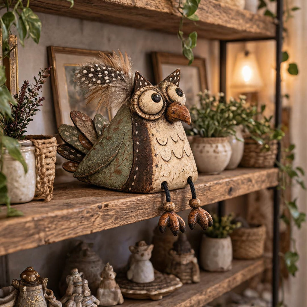 🍂 Rustic Owl Shelf Sitter Decor with Dangling Legs