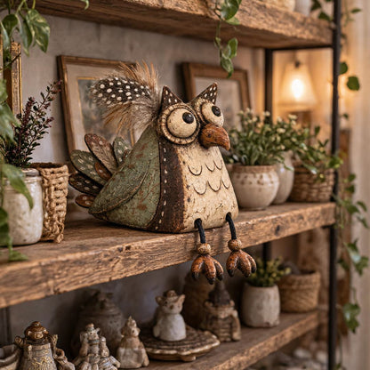 🍂 Rustic Owl Shelf Sitter Decor with Dangling Legs