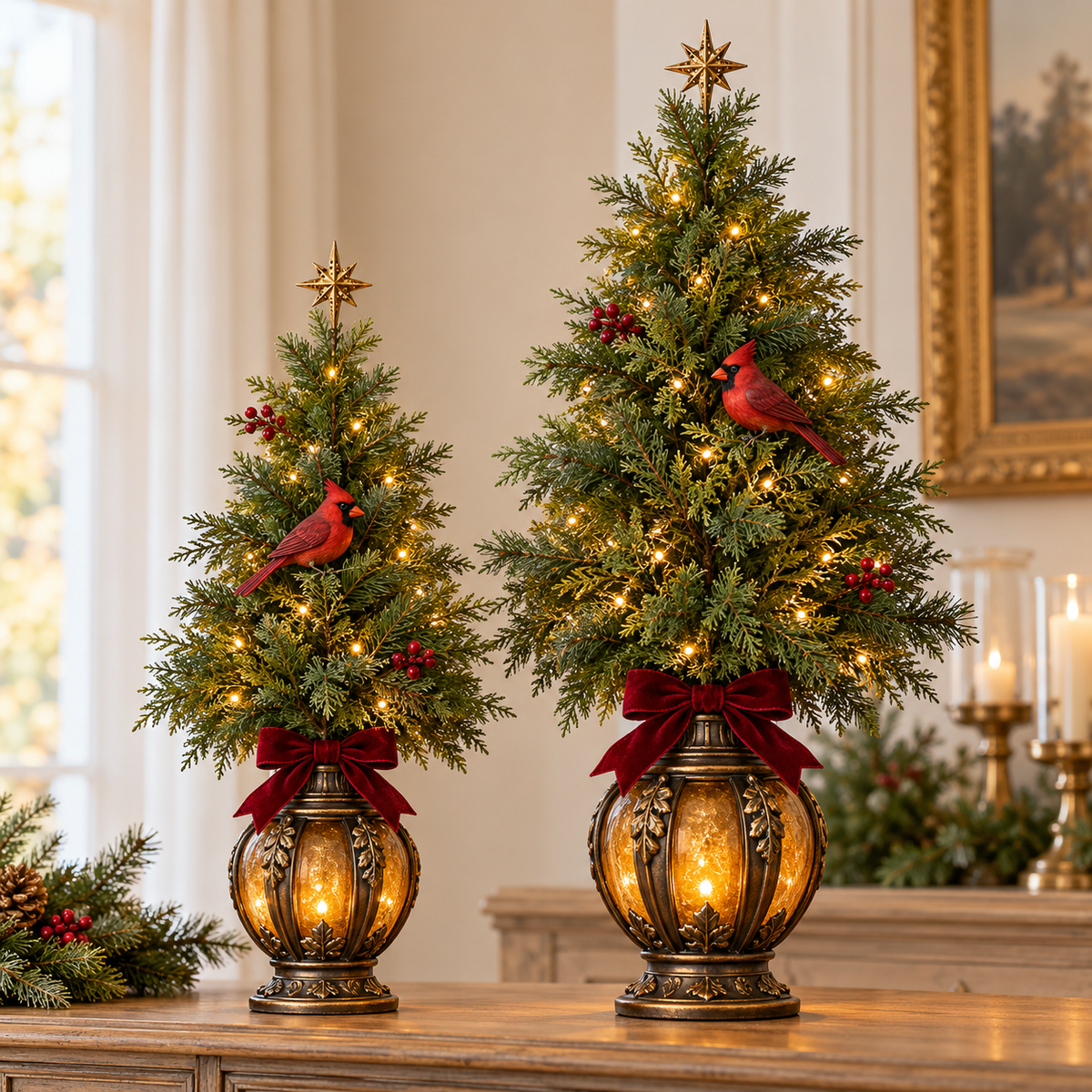 AI-generated home styling scene with two cardinal trees by a window