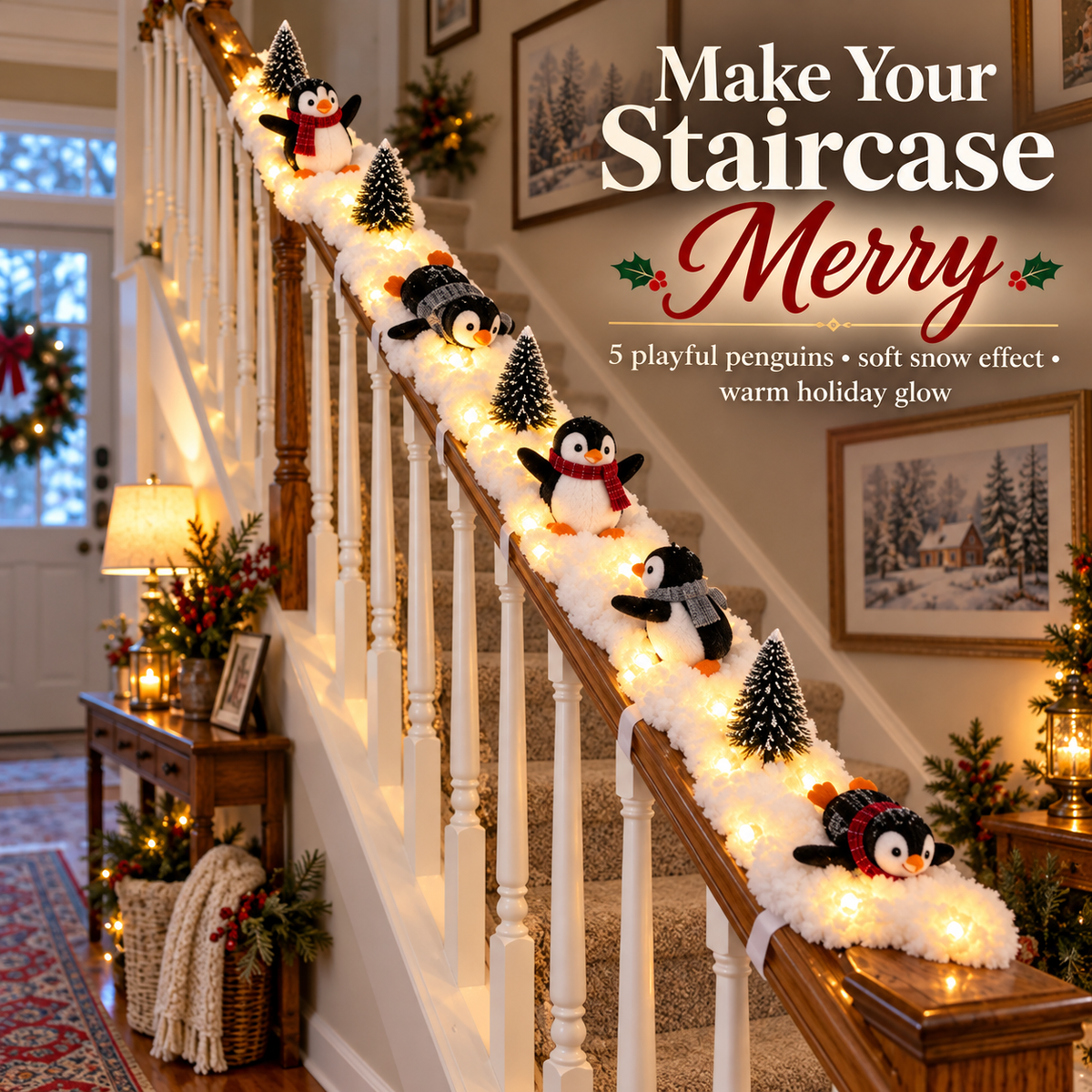 Lighted penguin Christmas staircase railing decoration