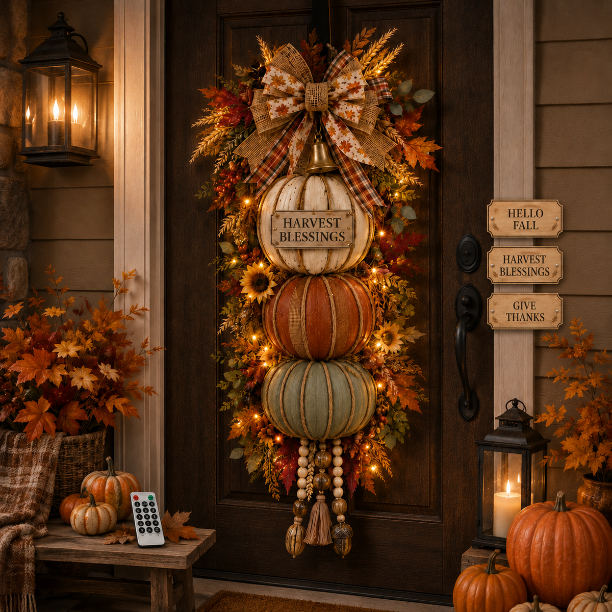 Lighted stacked pumpkin fall door decor