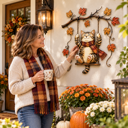 🍂 Cozy Cat Swing Fall Wall Art – Rustic Autumn Metal Home Decor