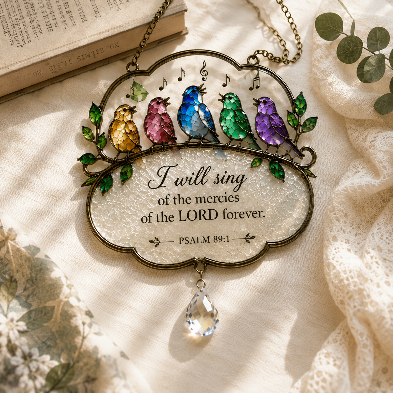Christian Scripture Bird Suncatcher with Crystal Prism – Hummingbird, Cardinal & Songbird Window Hanging