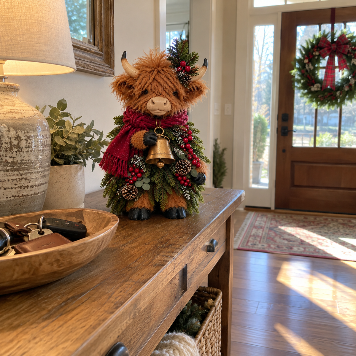 Christmas Highland cow with a red scarf and gold-tone bell on an entryway console