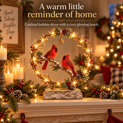 Glowing Cardinal Winter Wreath Tabletop Decor