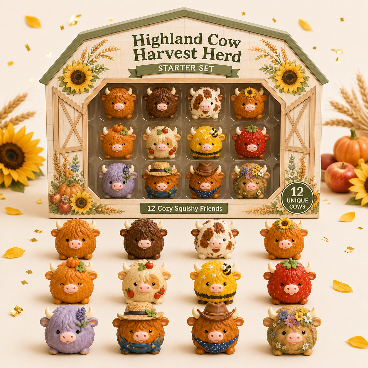 Highland Cow Harvest Herd Squishy Set