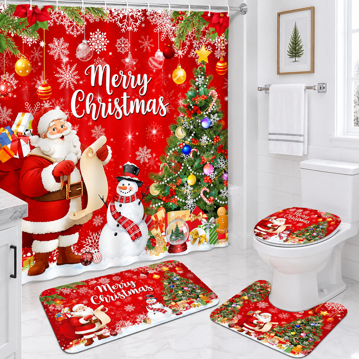 🎄🛁 Christmas Bathroom Makeover Set – 4 Matching Pieces for Instant Holiday Cheer