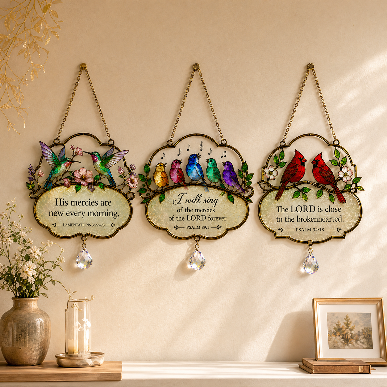 Christian Scripture Bird Suncatcher with Crystal Prism – Hummingbird, Cardinal & Songbird Window Hanging