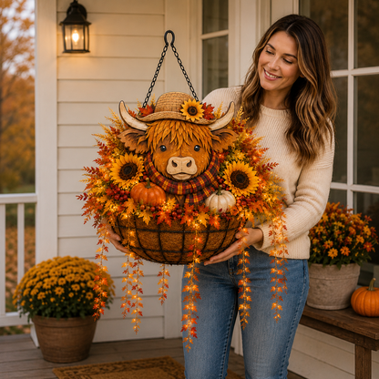 🐮🎃 Highland Cow Fall Hanging Basket with Warm LED Lights – Rustic Autumn Porch Decor & Farmhouse Welcome Accent