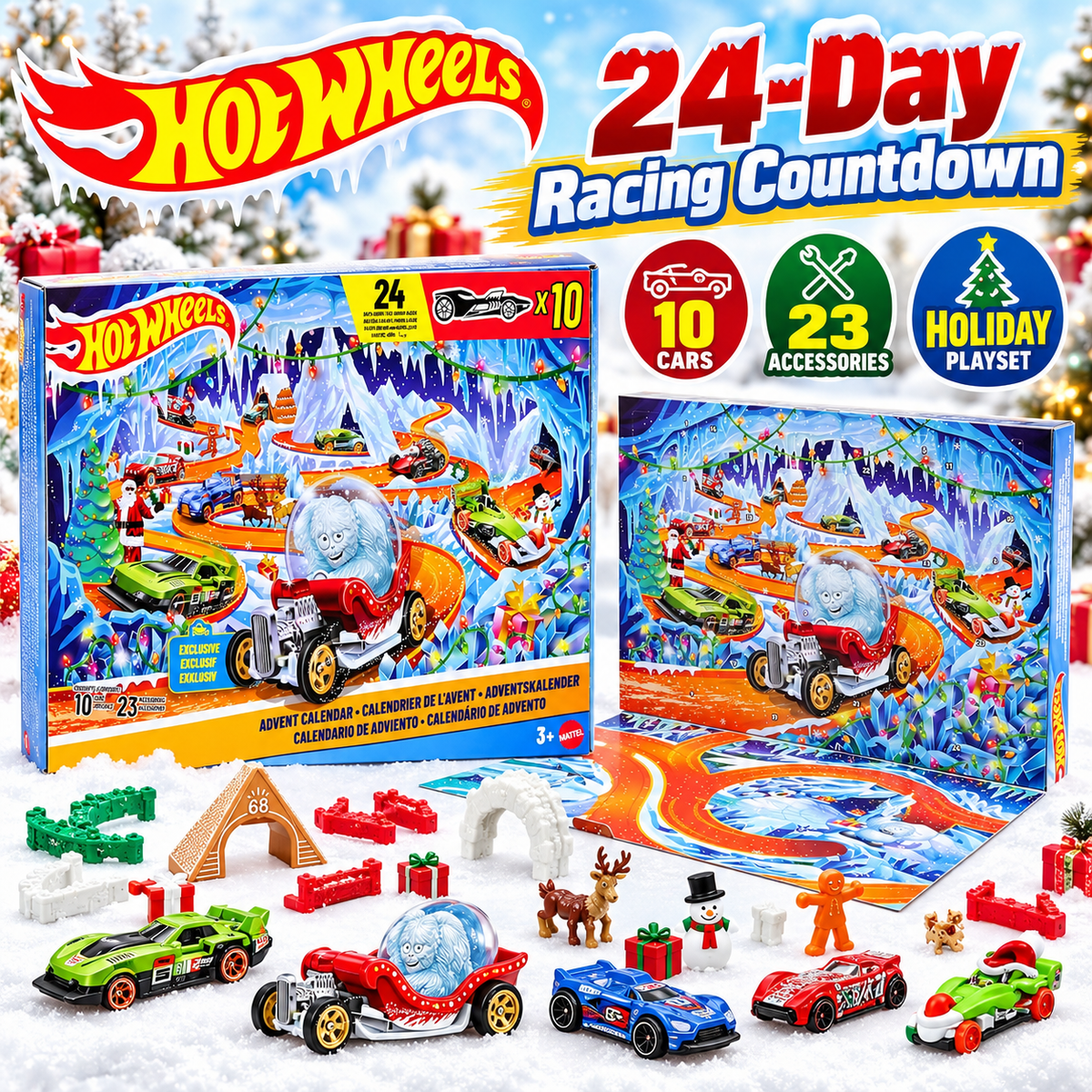 24-day Christmas racing advent calendar with toy cars, numbered doors and holiday play scene