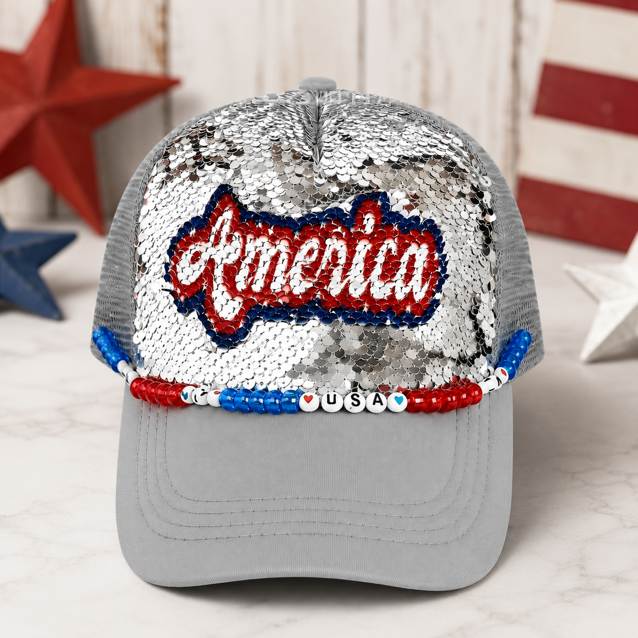 Patriotic Sequin America Cap – Sparkly 4th of July Hat