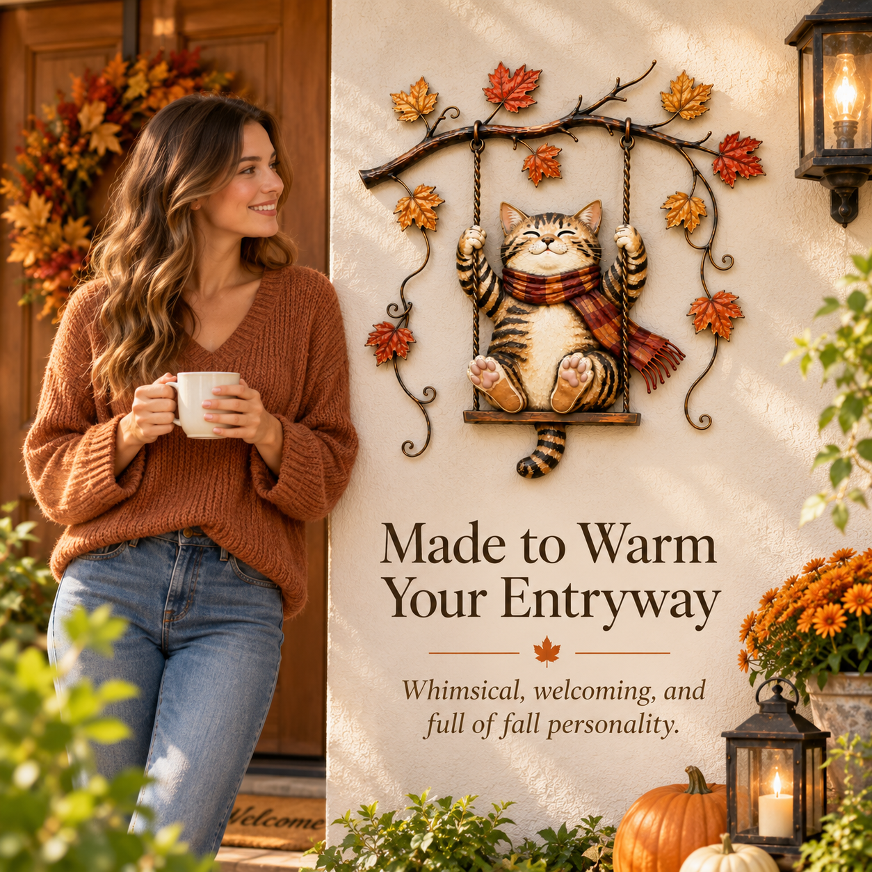 🍂 Cozy Cat Swing Fall Wall Art – Rustic Autumn Metal Home Decor