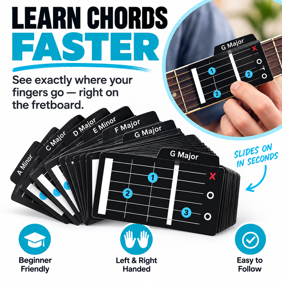 Learn guitar chords faster with visual guitar chord cards