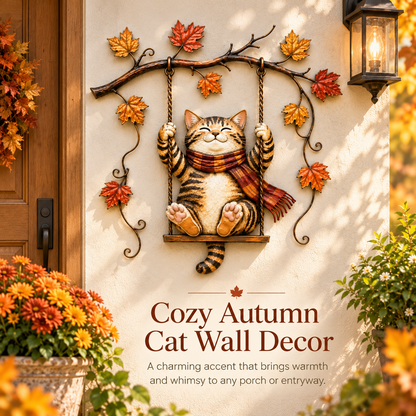 🍂 Cozy Cat Swing Fall Wall Art – Rustic Autumn Metal Home Decor