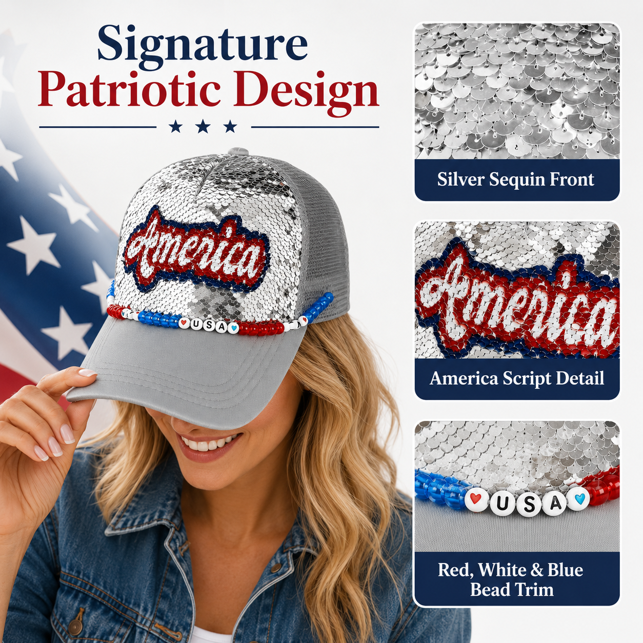 Patriotic Sequin America Cap – Sparkly 4th of July Hat