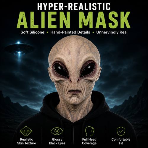 Hyper-Realistic Alien Full Head Mask – Unisex Silicone Halloween Costume Mask