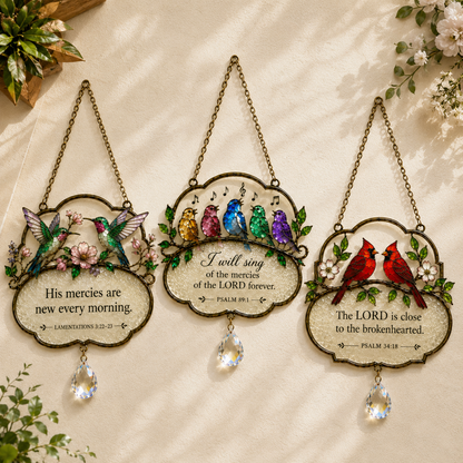 Christian Scripture Bird Suncatcher with Crystal Prism – Hummingbird, Cardinal & Songbird Window Hanging