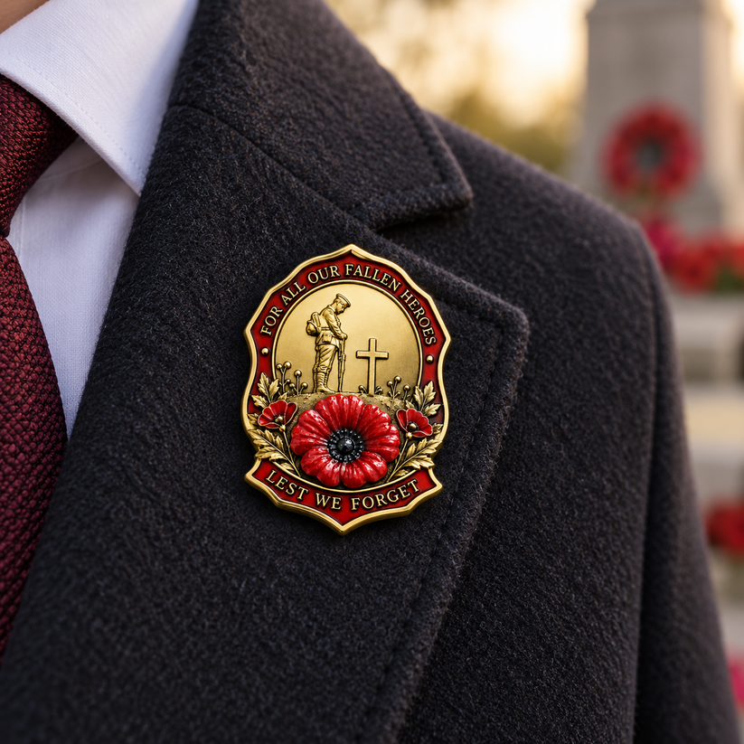 Red poppy remembrance brooch worn on lapel