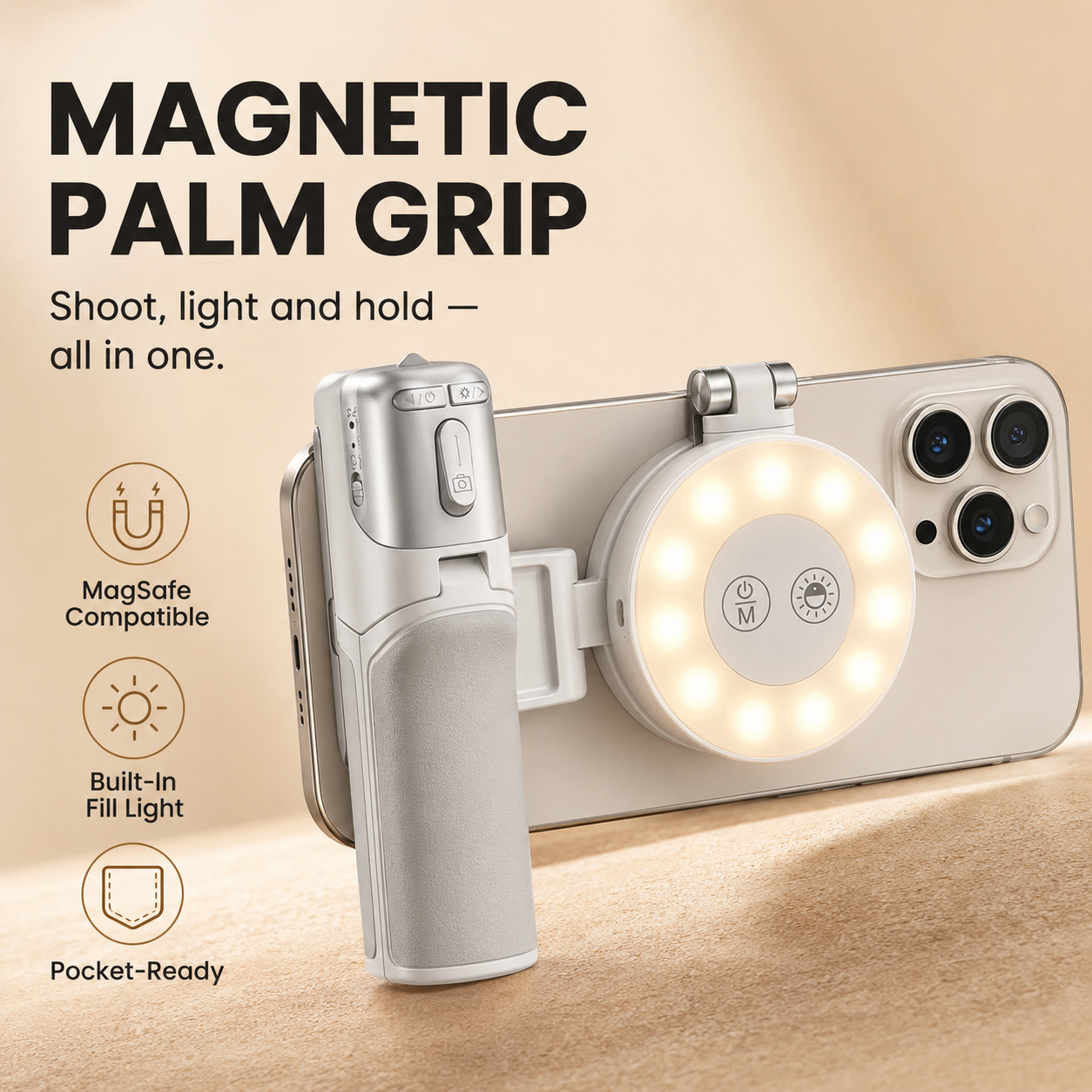 4-in-1 Magnetic Palm Grip Selfie Stick with LED Fill Light