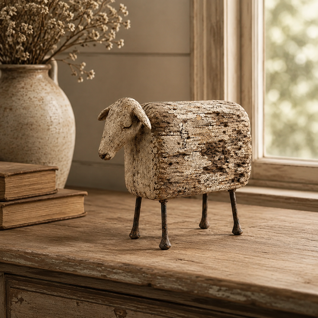 Vintage Primitive Farm Animal Sculptures – Rustic Wood & Metal Collection