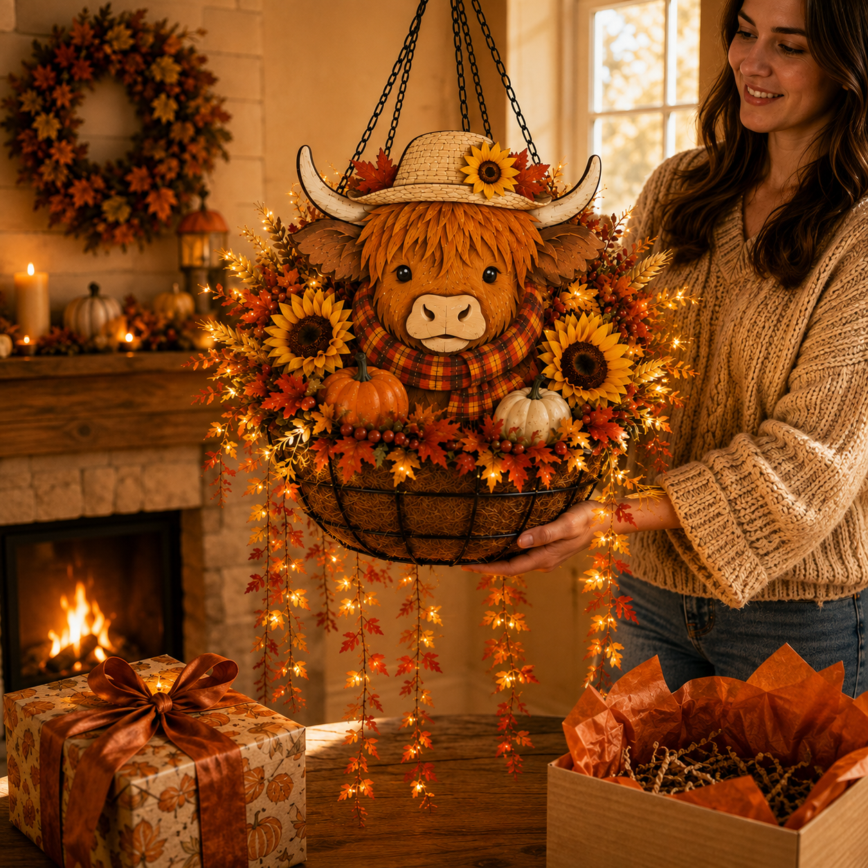 🐮🎃 Highland Cow Fall Hanging Basket with Warm LED Lights – Rustic Autumn Porch Decor & Farmhouse Welcome Accent