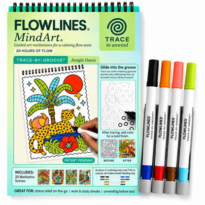 Trace-By-Groove Guided Flow Art Coloring Pad with Double-Sided Markers