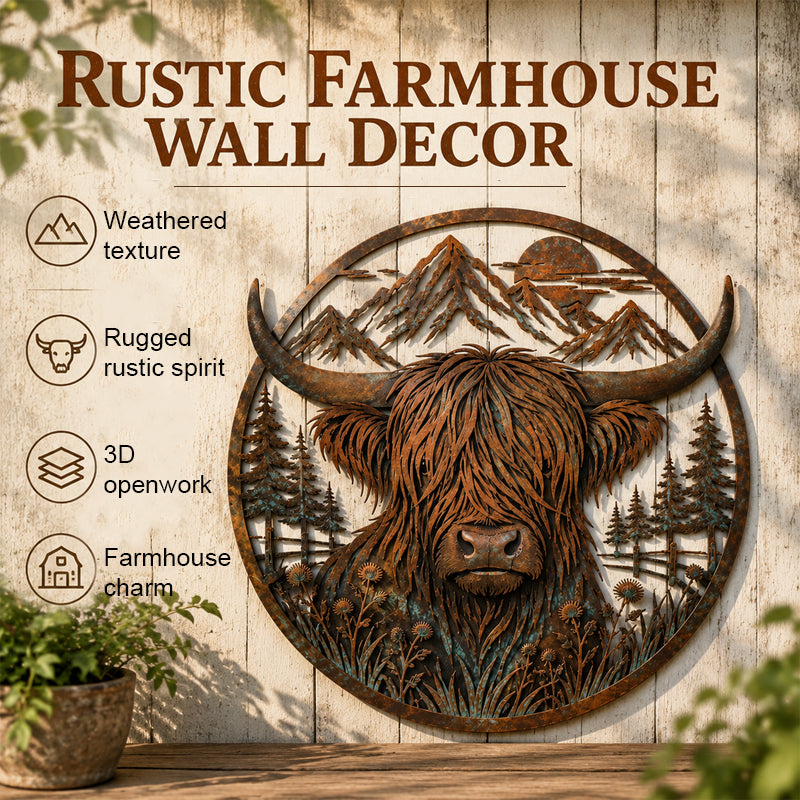 🏔️🐮 Highland Cattle Mountain Silhouette – Rustic Metal Farmhouse Wall Art