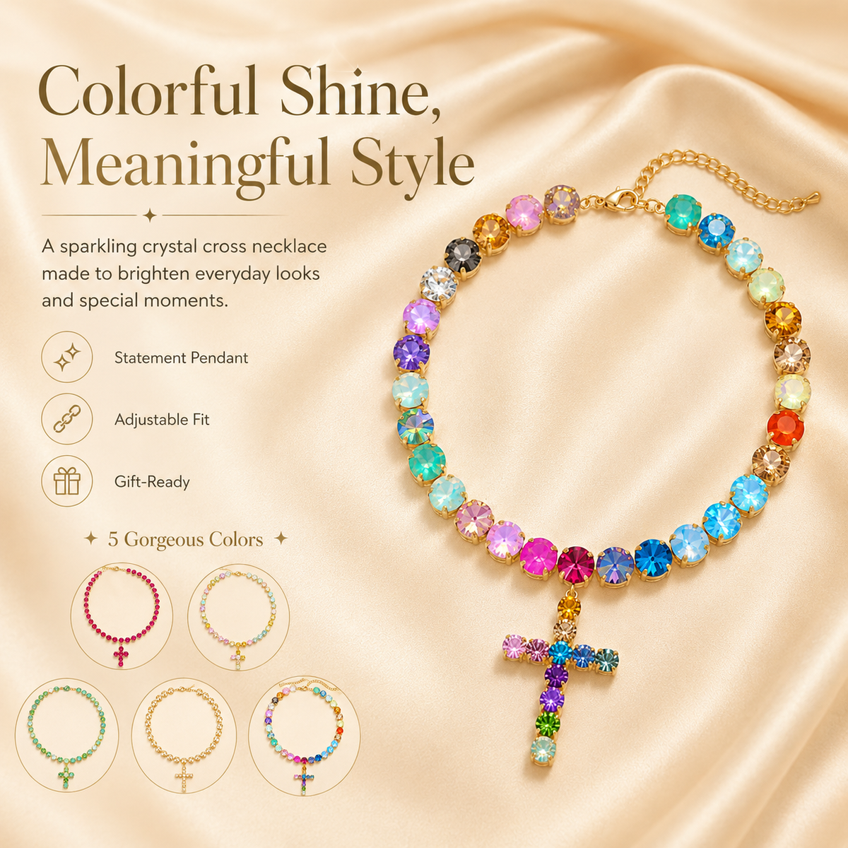 Colorful Crystal Cross Necklace – Sparkling Adjustable Statement Jewelry