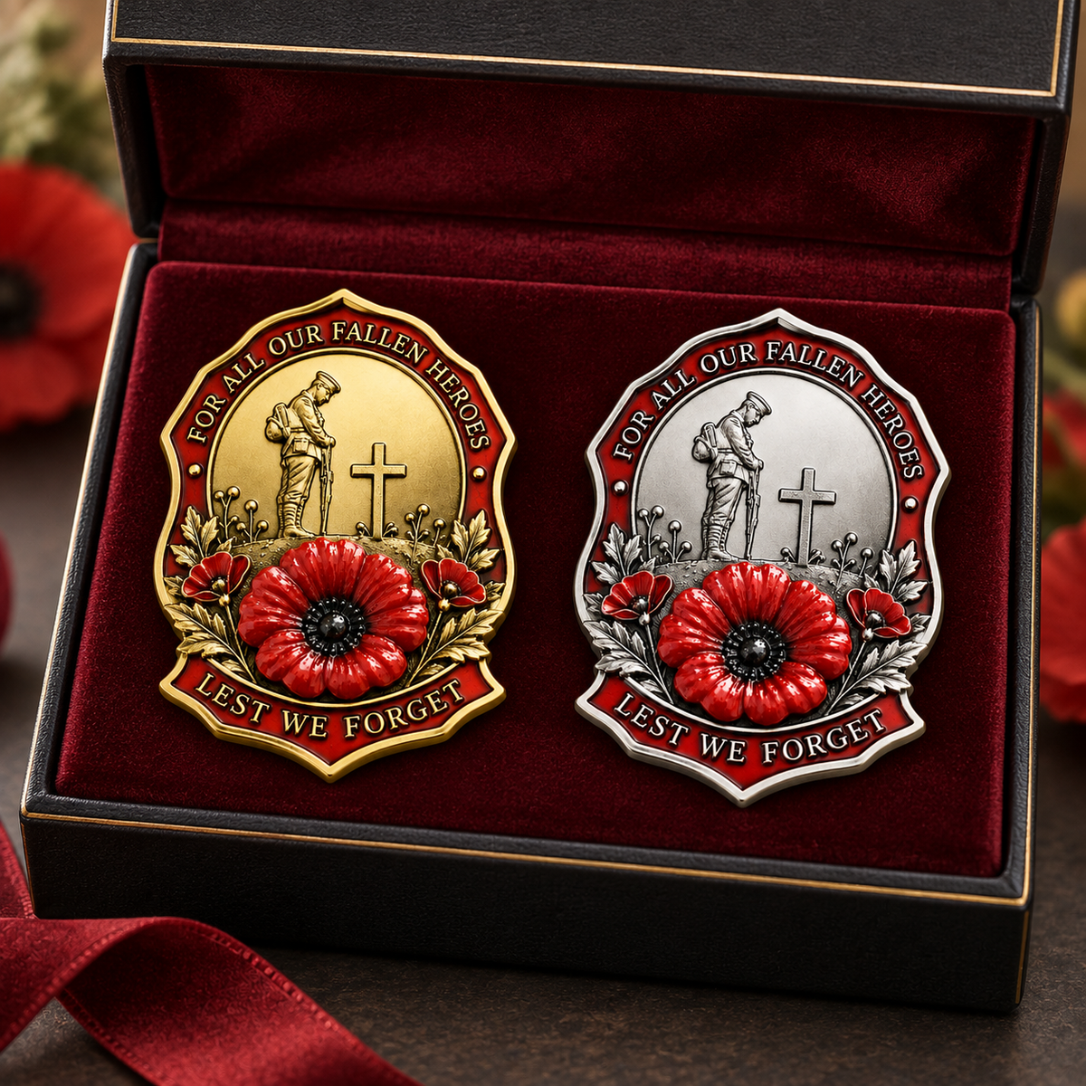 Red poppy remembrance brooch gift box