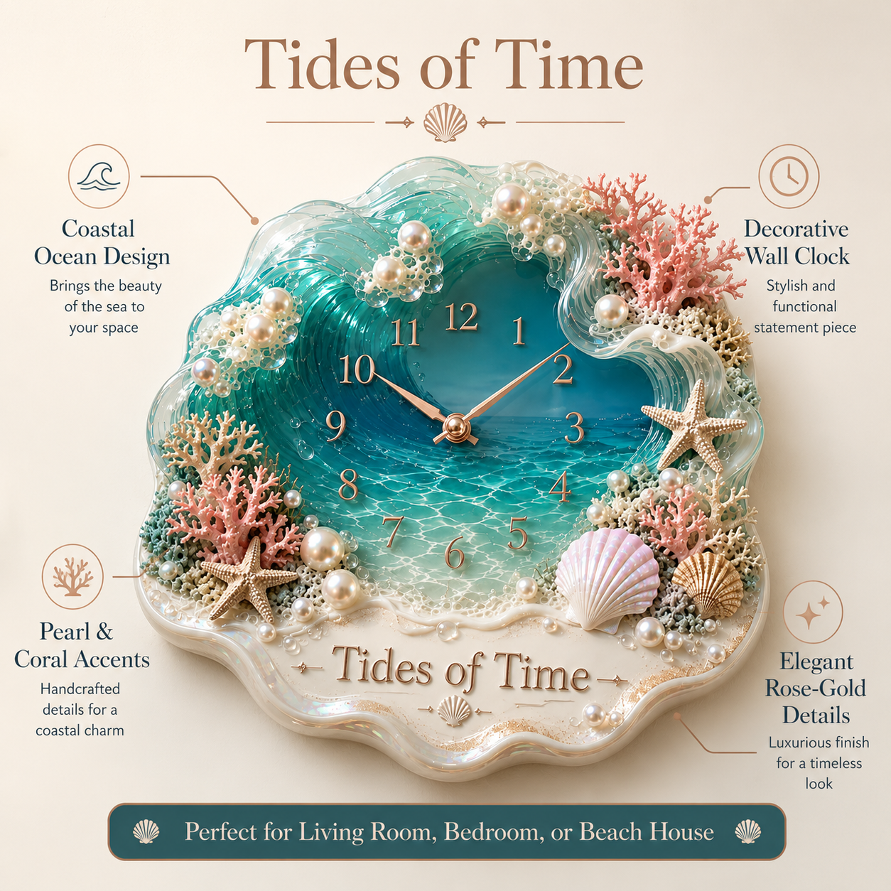 Tides of Time Ocean Wave Wall Clock – Iridescent Coastal Décor with Pearls, Seashells & Coral