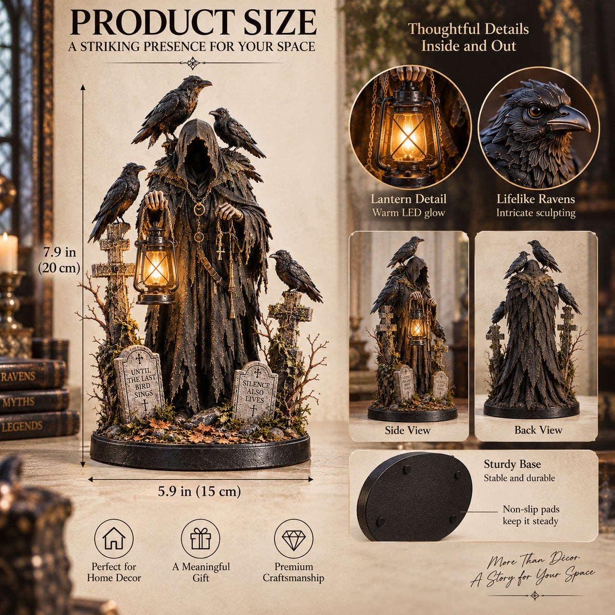 🐦‍⬛ Keeper of the Last Light – Raven Guardian Lantern Statue