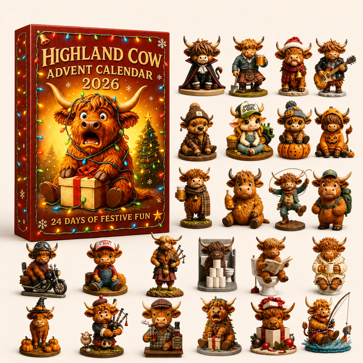 Highland Cow Advent Calendar with 24 collectible characters