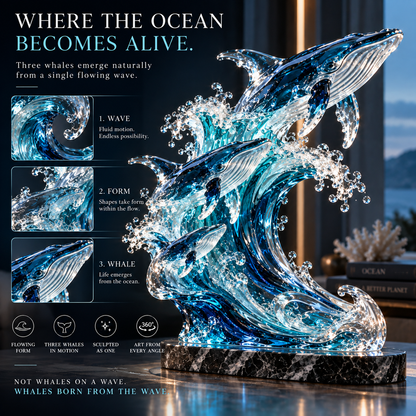 🐋 Becoming Ocean – Three Whales Rising from the Wave Glass Sculpture