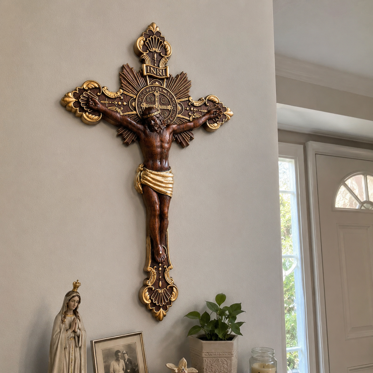 St. Benedict Exorcism Cross wood carved - Bless you and your family - side view