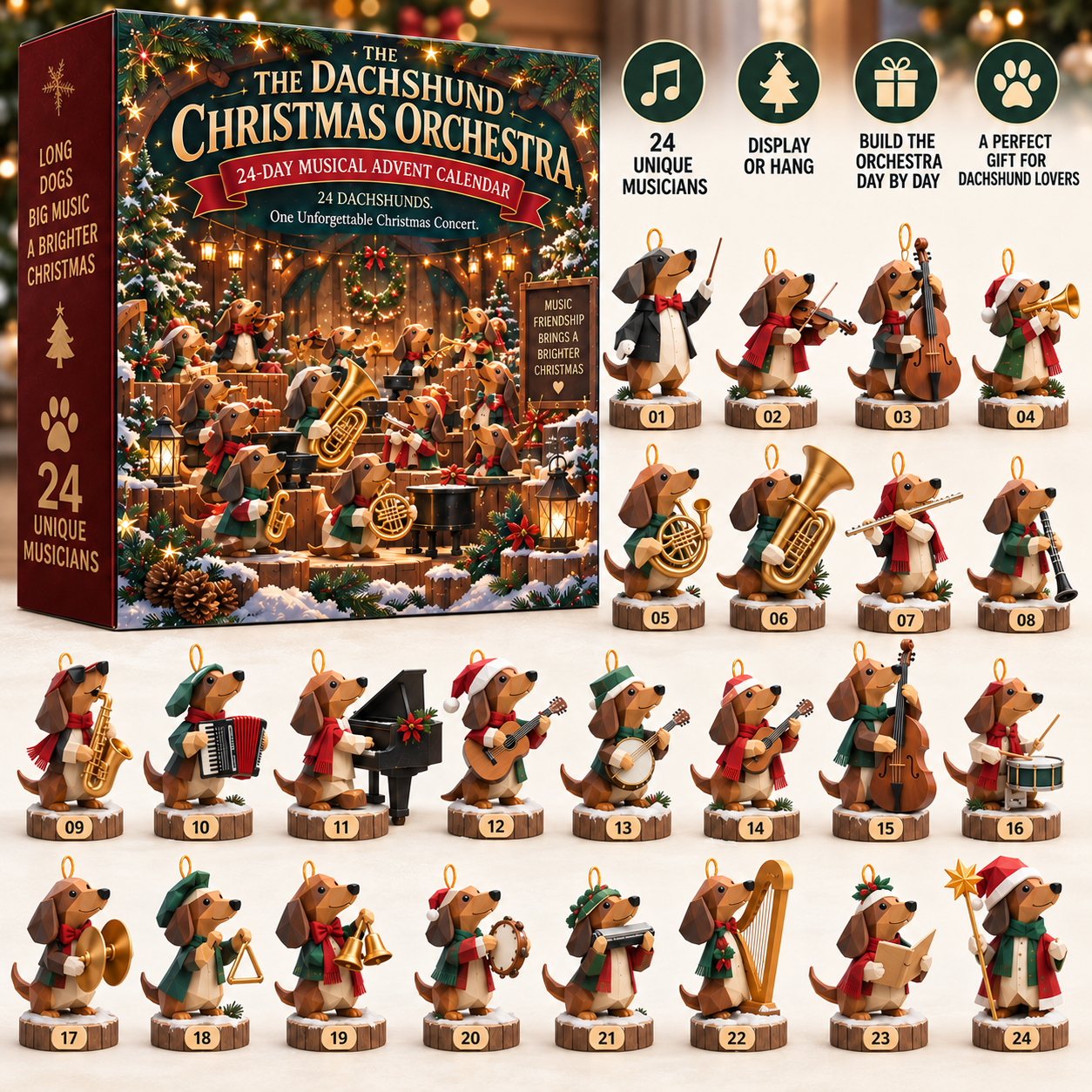 Dachshund Christmas Orchestra box and 24 numbered miniature musicians