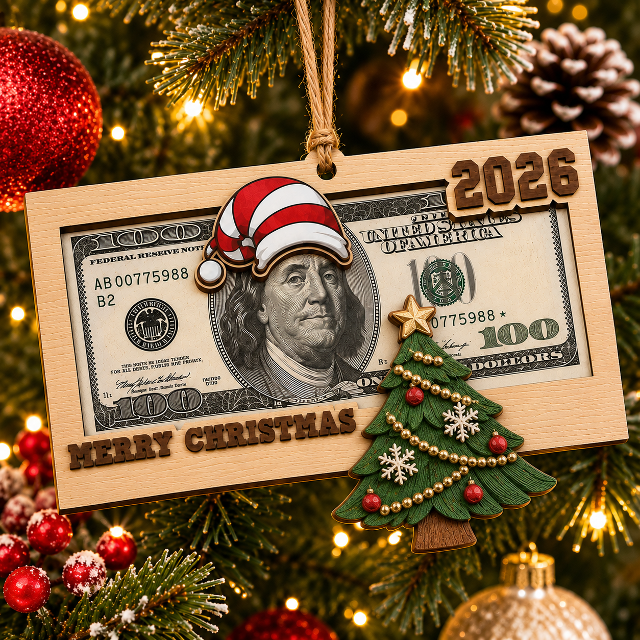 🎄💵 2026 Wooden Christmas Money Holder Ornament – Festive Cash Gift Frame & Tree Keepsake