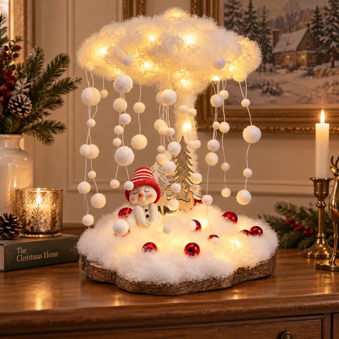 Lighted Snowfall Cloud Snowman Scene