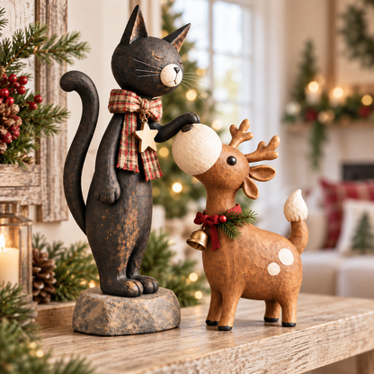 🐱Whimsical Christmas Cat & Reindeer Figurine Set