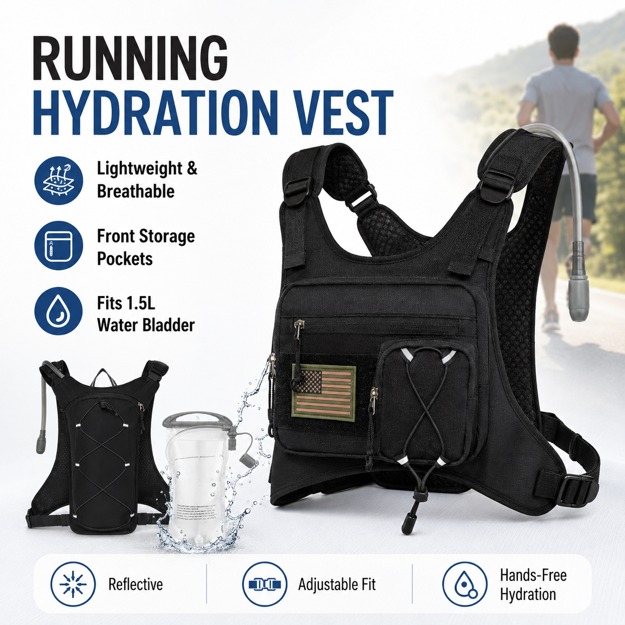 Running hydration vest with storage pockets and hydration system