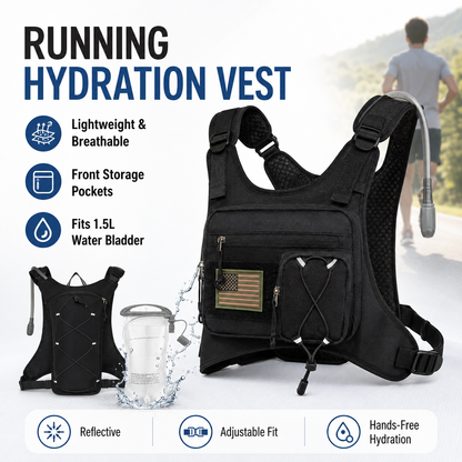 Running Vest,Lightweight Adjustable Chest Pack with Pistol Holster, Pack with 1.5L Water Bladder, Reflective Running Hydration Vest