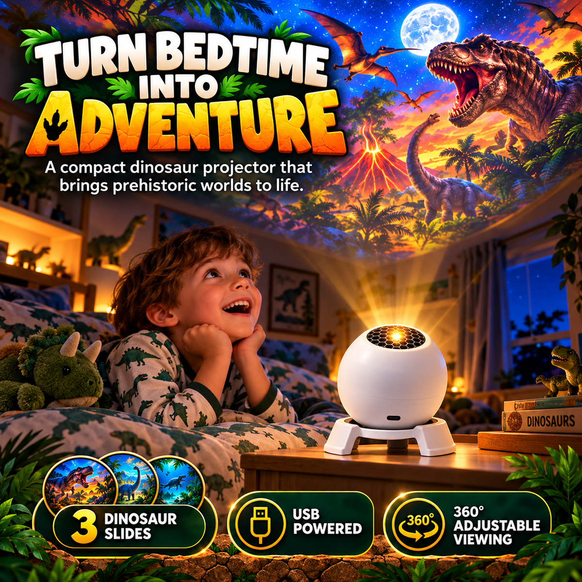Dinosaur projector in a child bedroom adventure scene