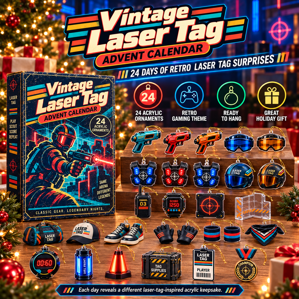 Vintage Laser Tag Advent Calendar – 24 Retro Gaming Acrylic Ornaments
