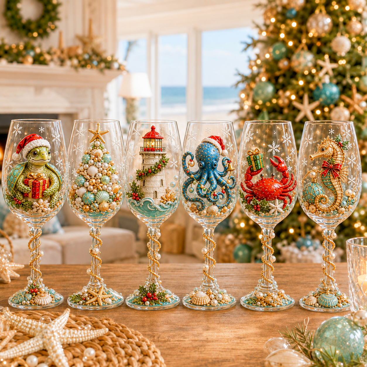 🌊🎁 Coastal Christmas 3D Collector Wine Glass Collection